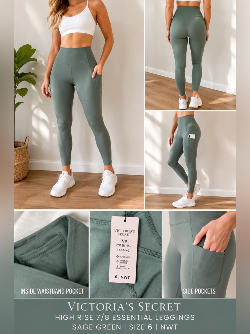 Victoria’s Secret High Rise 7/8 Essential Leggings Sage Green Size 6 NWT
